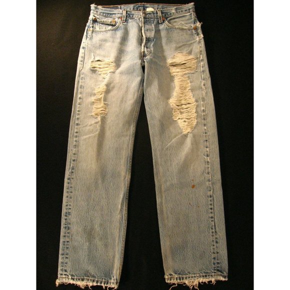 Levis 501 Men's Jeans 31 x 30 MEASURED TAG 35 X 34 Blue Denim Destressed
